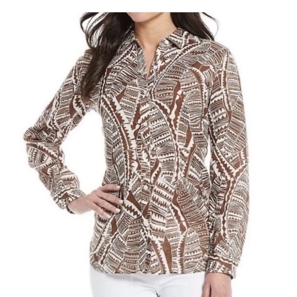 J. McLaughlin Tunic Women's Britt Linen Shirt Brown White Geo Palm size Large